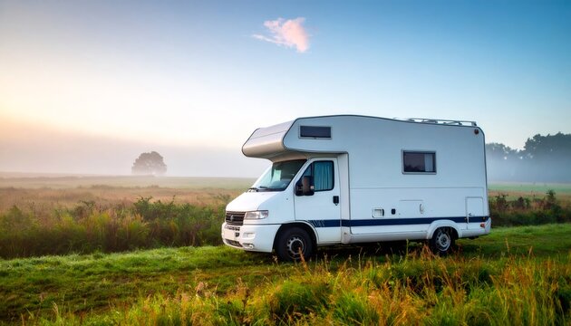 Camper van parked in foggy meadow on sunny morning