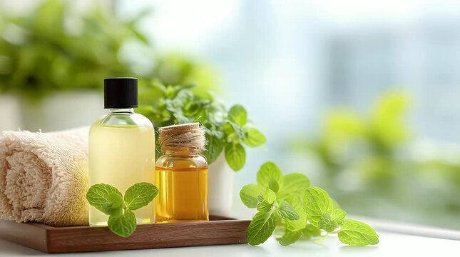 Serene spa still life featuring essential oils fresh herbs and a soft towel a calming composition perfect for wellness aromatherapy and natural beauty concepts