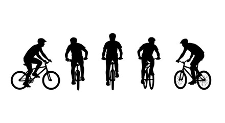 Obraz premium Bicycle cyclist icons set with vector silhouettes of riders in action for cycling fitness and road bike communication