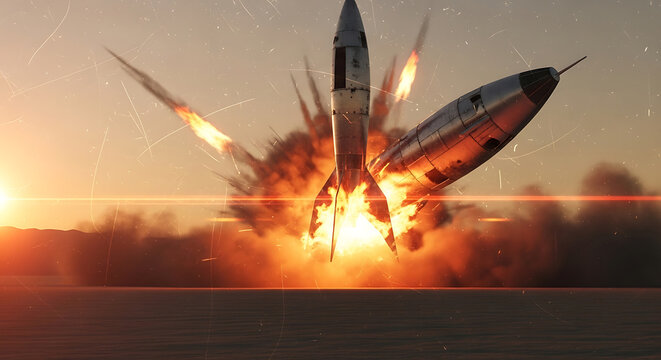 rocket explosion missile launch and catastrophic failure during a space accident and test flight at sunset