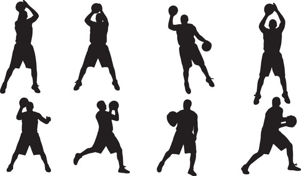 Black Solid Basketball Box Out Silhouettes Set of Six on White Background