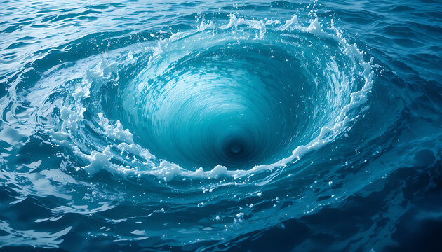 A swirling whirlpool in the ocean with a deep blue color and white foam