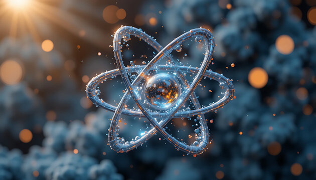 Glowing blue atom with water droplets on its structure in space with bokeh effect