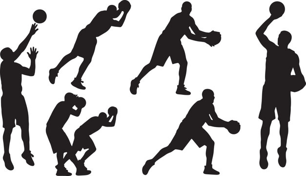 Black Solid Basketball Free Throw Silhouettes Set of Six on White Background