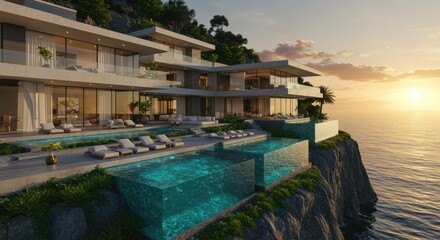 Fototapeta premium A modern mega mansion built into a cliffside, with cascading terraces, glass-bottom pools, and panoramic ocean views during golden hour.