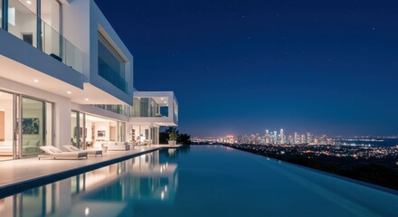 Fototapeta premium A modern minimalist mansion with floor-to-ceiling glass walls, a pristine white exterior, and a dramatic infinity pool overlooking a city skyline at night.