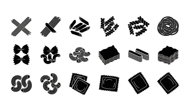 Assorted Pasta Silhouette Icon Grid Minimal Italian Food Shapes Vector Collection