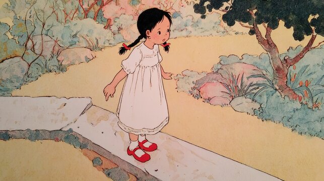 Little girl vintage illustration pigtails white dress yellow dots standing on elongated board in garden one foot overhanging happy smile