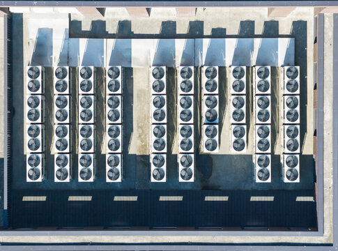 Aerial View of Industrial HVAC Fan Units on Rooftop
