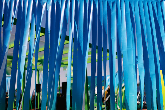 Colorful Decorations Hang in a Space for a Community Event