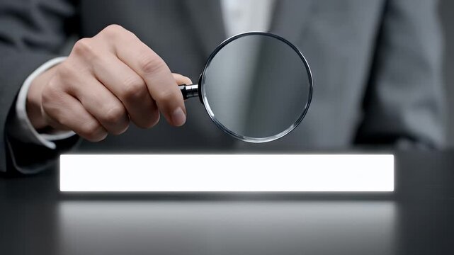 Businessman In Gray Suit Examining Glowing White Blank Space With Magnifying Glass On A Black Table Surface Against Gray Background Concept