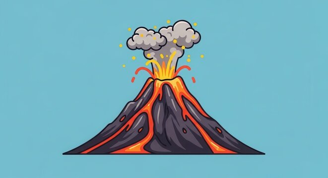 Vibrant cartoon volcano eruption displaying molten lava flowing down slopes and smoke plume