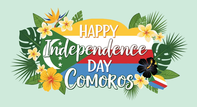 Happy Independence Day Comoros celebration with tropical floral elements