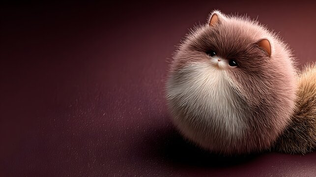 まんまるのふわふわ猫 ダークレッド背景のシンプルでおしゃれなイラスト