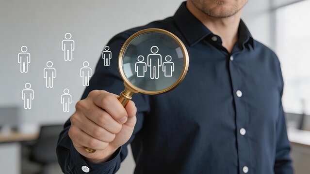 Businessman holding magnifying glass looking at human icons recruiting candidates hiring employees job search process finding people for company headhunting and recruitment