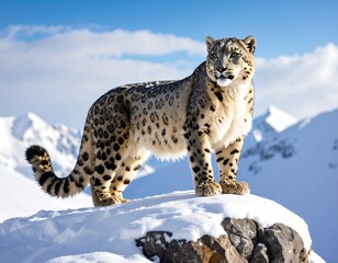 Fototapeta premium Majestic snow leopard stands proudly atop a snowy rock formation, with stunning mountain peaks and blue sky creating a picturesque backdrop