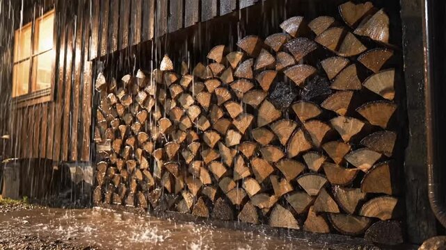 Wood logs stacked in barn.