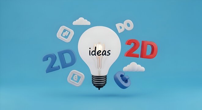 Creative ideas concept with light bulb and 2D text on blue background, 3D rendering.