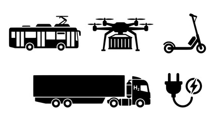 Fototapeta premium vector icon set of sustainable transportation: an electric bus, a cargo drone, an electric scooter, a hydrogen-powered truck, and a charging plug icon