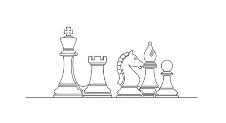 Chess pieces, king, rook, knight, bishop, pawn, black and white line art © punduh
