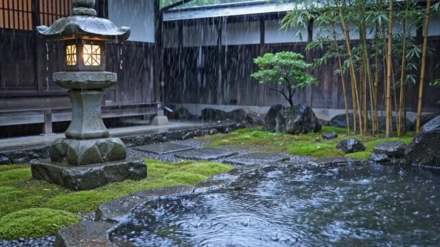 Japanese garden stone lantern rain.