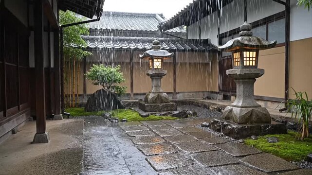 Japanese temple courtyard with lanterns.