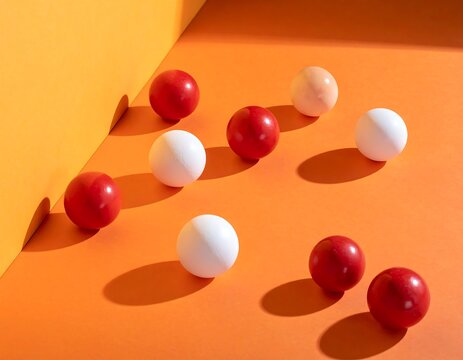 Red and white balls on orange background.