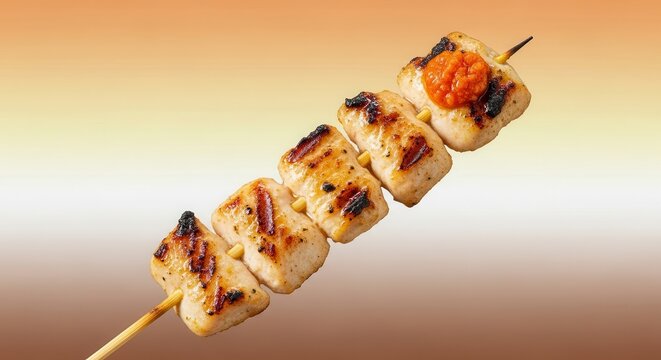 Perfectly grilled succulent meat pieces on a wooden skewer with a vibrant flavorful sauce topping