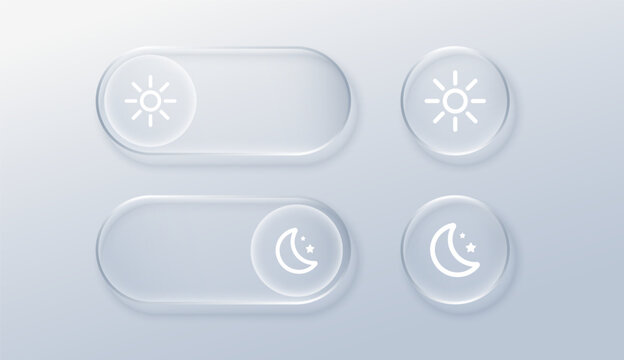 Night mode toggle with glowing moon icon and sun symbol. Glass morphism UI button for switching between dark and light themes on digital screens.