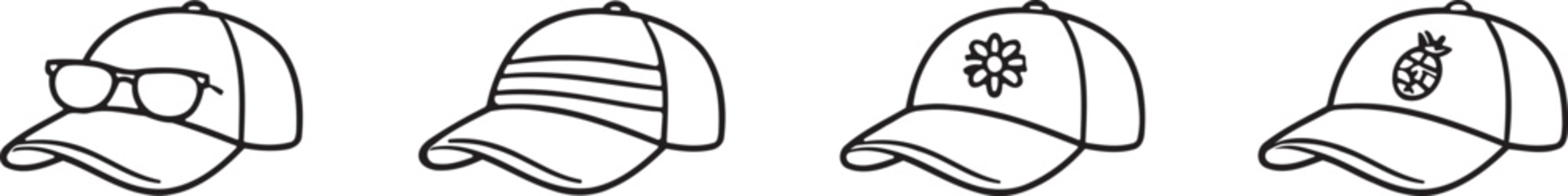Four different baseball cap designs in a simple black and white line drawing style