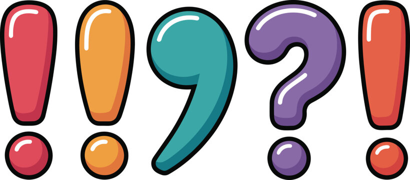 Colorful punctuation marks collection including exclamation points and question mark for education.