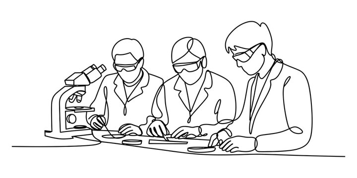A continuous line drawing of three scientists conducting research in a modern laboratory setting Vector, illustration
