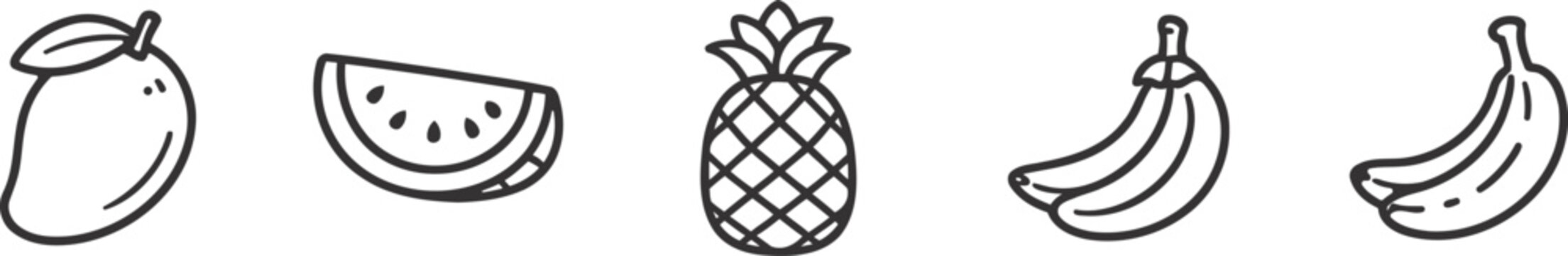 Line art fruit collection mango watermelon pineapple bananas a simple illustrated arrangement