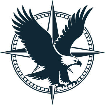A stylized illustration of an eagle in flight, set against a compass background with a circular design.