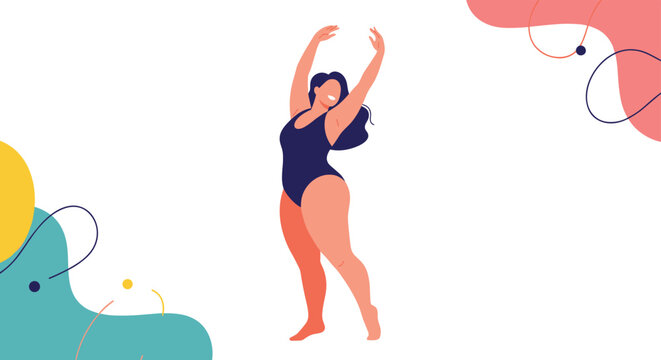 Confident and happy plus size woman in a dark blue swimsuit posing with her arms raised on a plain white background.