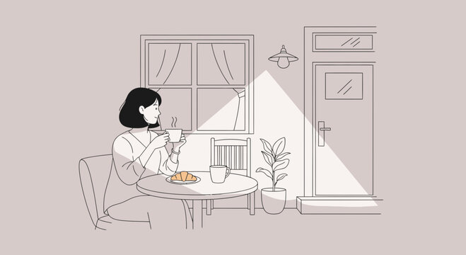 Woman eating breakfast alone indoors.