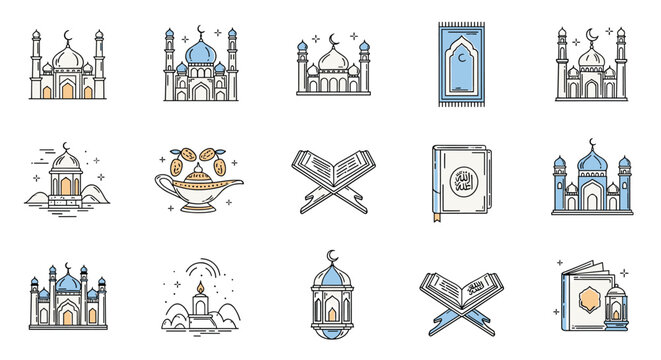 Collection of islamic religious icons including mosques the quran prayer rugs and lanterns for ramadan celebration.