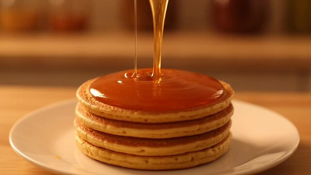 Delicious stack of pancakes with sweet honey syrup poured on top, served on plate