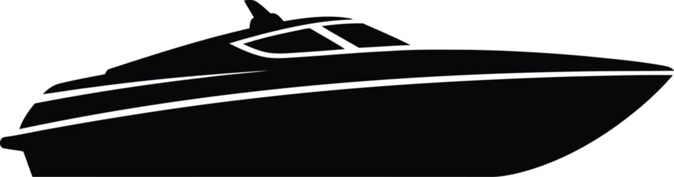 black silhouette of a modern luxury yacht or motorboat with white accents