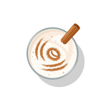Creamy Eggnog with Cinnamon Stick and Swirls, Top View, Isolated