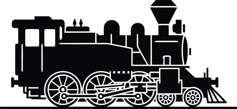black silhouette of a vintage steam locomotive train on white background, side view, railway, transportation