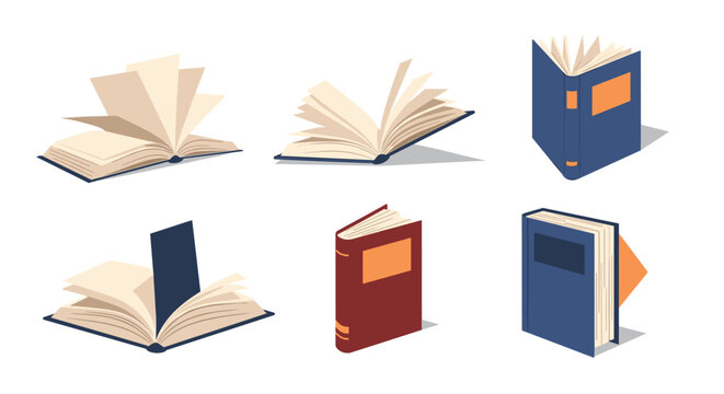 Set of open and closed books in various positions and colors provides a versatile resource for library-themed art.