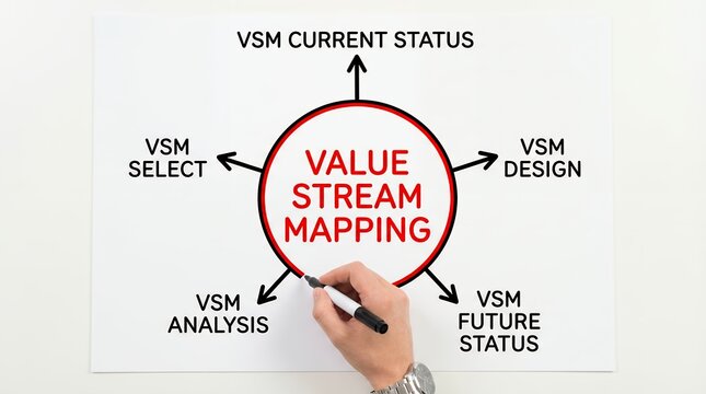A hand holding a marker annotates a diagram illustrating Value Stream Mapping with its key components current status select design analysis and future status VSM business process