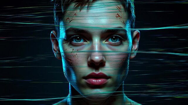 Close-up of a androgynous person's face with digital overlay