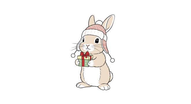 Cute little bunny wearing a warm winter hat and scarf holds a small green gift box with a red bow for the holidays.