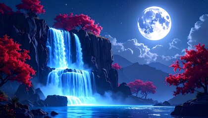 Obraz premium A serene nighttime landscape with a glowing waterfall