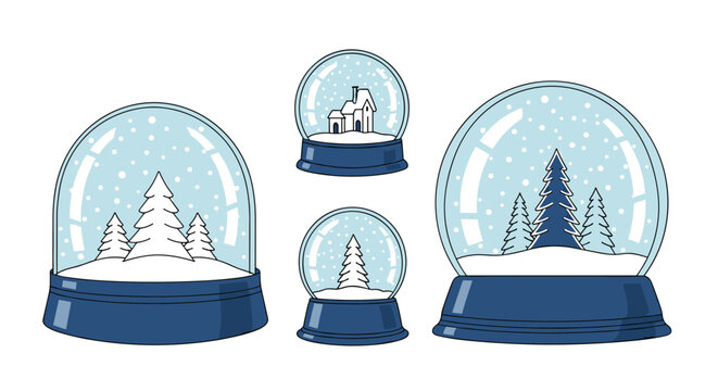 Collection of snow globes features winter scenes with pine trees and a cozy house on blue bases against white.