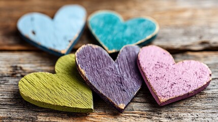 Fototapeta premium Commercial stock photography, five pastel-colored heart-shaped wooden cutouts scattered on a textured wooden surface, featuring light blue, light green, teal, purple, and pink hues. 