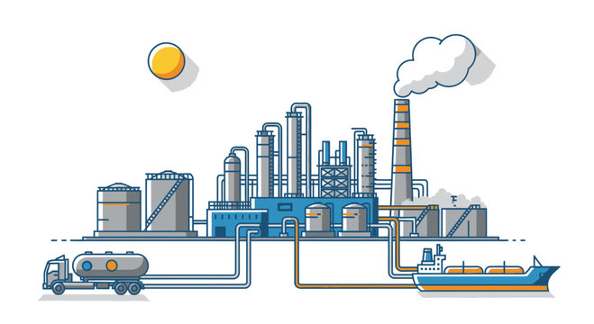 Industrial Factory with Smokestack and Transport.