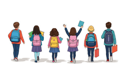 Fototapeta premium Row of school children with backpacks walking away towards school carrying books and folders on a white background.